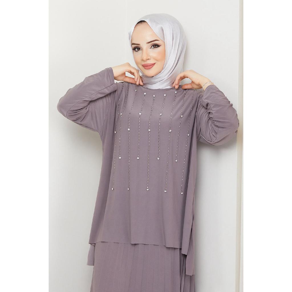 Women's Black Sandy Front Stone Embroidered Blouse Skirt Pleated Double Hijab Skirt Set