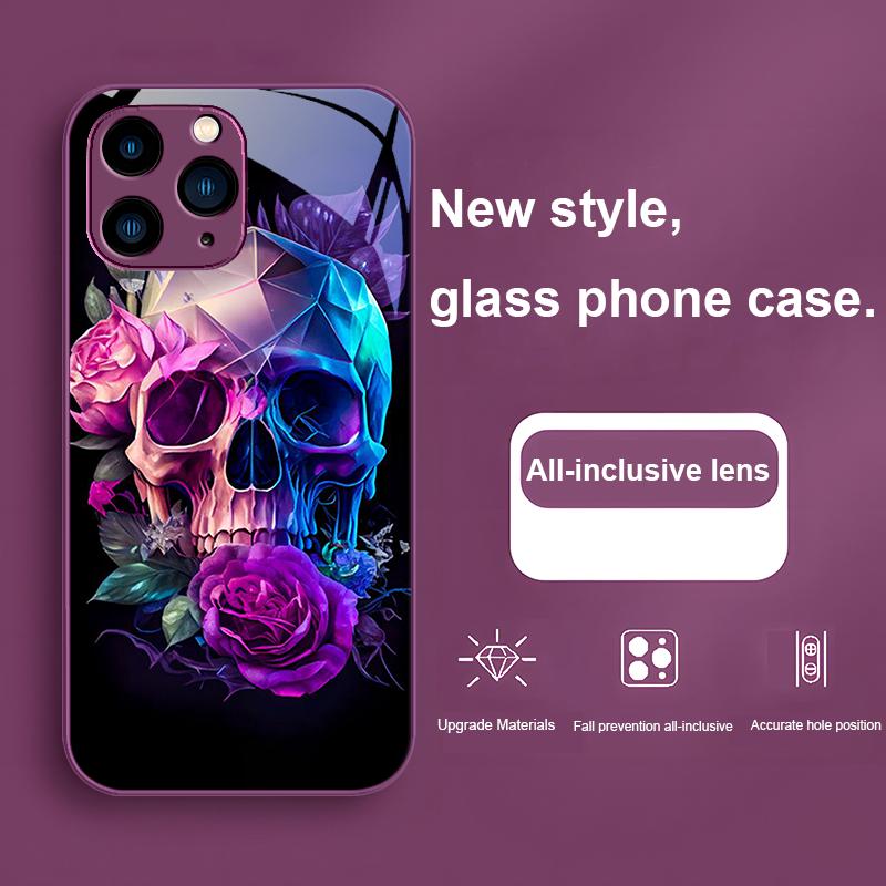 Мультяшная Роза и Череп Фиолетовый Для iPhone 15 14 13 12 Mini 11 Pro Max X XS XR 7 8 Plus 2020 22 SE Закаленное Стекло Чехол для Телефона
