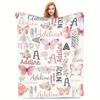 Custom Adeline Name Butterfly Floral Flannel Blanket Personalized Watercolor Pink Butterfly Flower Print Soft Gift Blanket