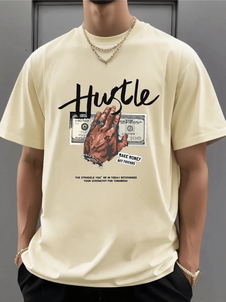 Мужская футболка Witllent 100% хлопок, с лозунгом 'Hustle Calligraphy', держащий руку, Мужская рождественская футболка из плотного хлопка 220 г(1 ПК)