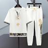 Summer Men's Chinese Tangzhuang Ice Silk Cool Loose Set Short Sleeved Long Pants Casual Ethnic Style Two Piece Set