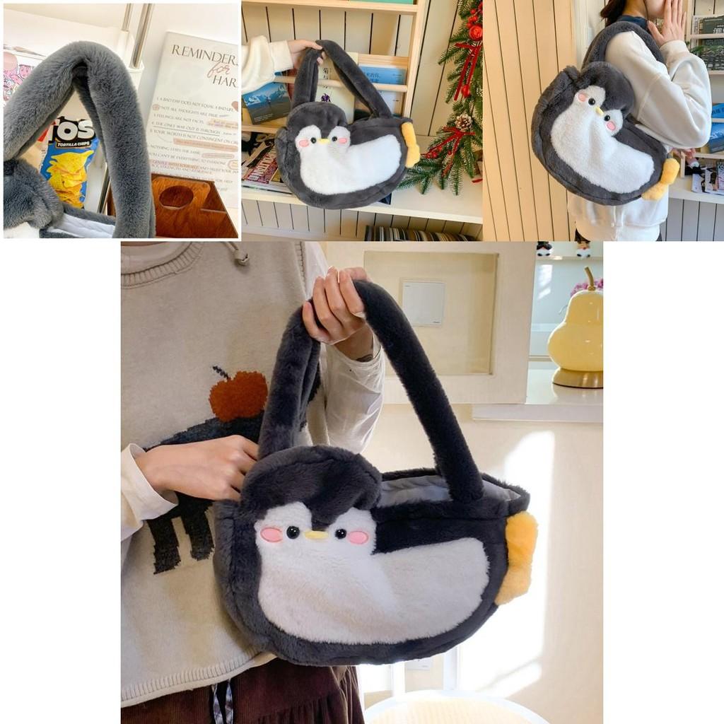 Soft Faux Fur Penguin Shoulder Bag With Magic Tape Closure For Casual Outings