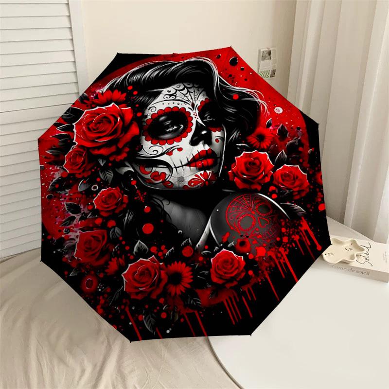 1PC Day of the Dead, Sugar Skull Umbrella-8-Rib Reinforced, Automatic Open, Lightweight & Durable, Fashion Accessory for Outdoor, H0380