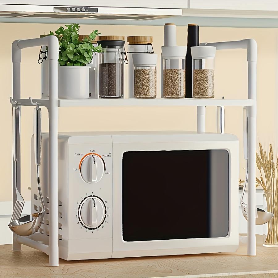 Открытая кухонная стойка для хранения с отделением для микроволновой печи - Прочный пластик, Двухуровневая конструкция для эффективной организации, Оснащена держателями для посуды