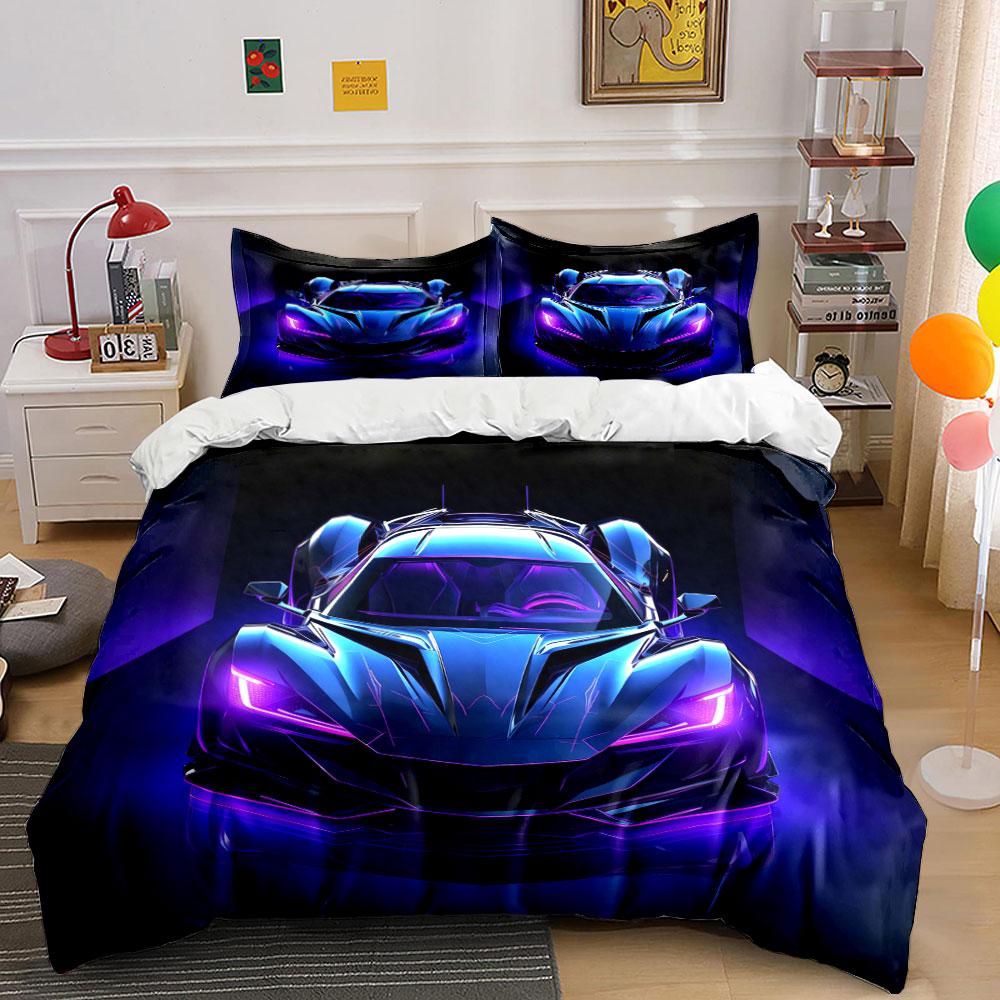 Neon Purple Sports Car Bedding Set 3pcs, Futuristic Supercar Print Duvet Cover, Cool Racing Bedding for Boys & Gamers, Gift
