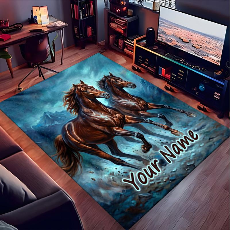 1PC Custom Name Horses Stormy Night Theme Floor Mat Ideal for Living Room, Game Rooms, Office, Bedroom,Floor Mat Playful Design