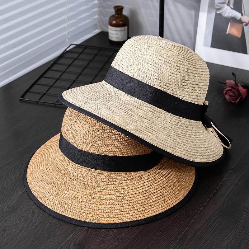 Large Bowknot Decor Bucket Hat Wide Brim French Style Straw Basin Hats Breathable Sunscreen Fisherman Cap for Women