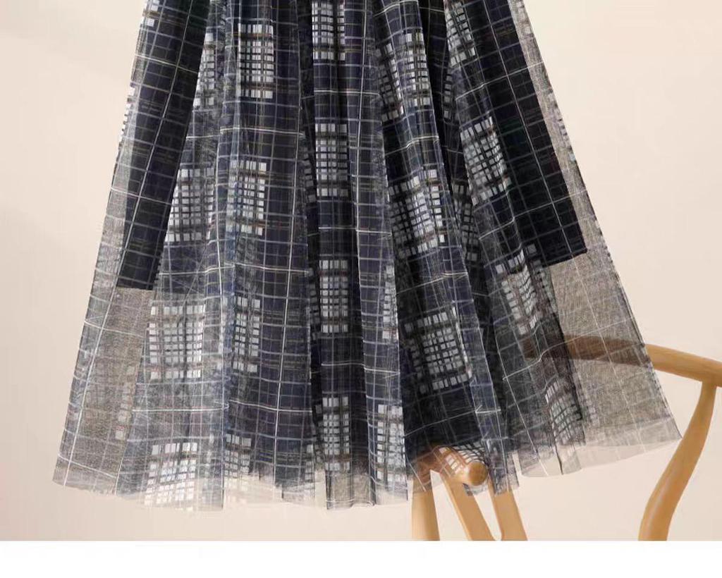 Elegant Plaid Patchwork Mesh Skirt with Large Pleated Hem