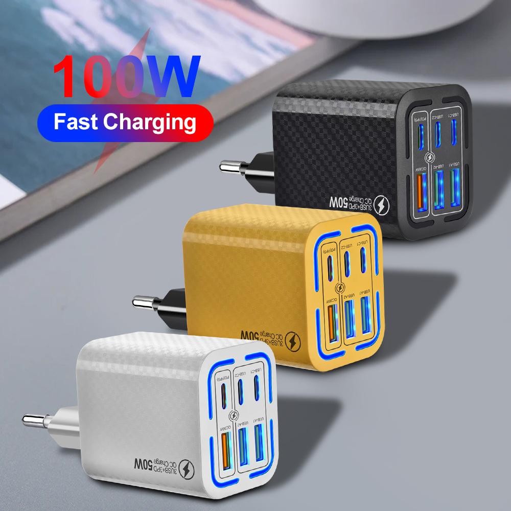 Total 100W USB Charger 6 Ports Type C Fast Charging Mobile Phone Wall Adapter EU/US Plug For iPhone 15 Samsung Xiaomi