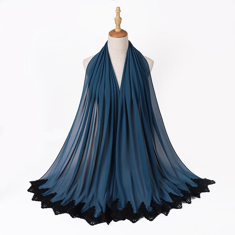 Новый жемчужный шифон Малайзия Мода Черные кружевные шарфы Мусульманский шаль Однотонный мягкий тюрбан Повязки на голову