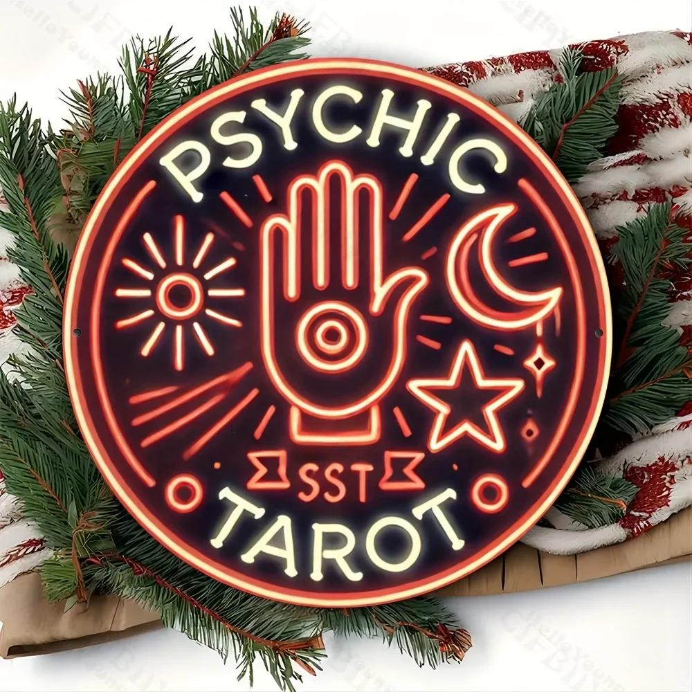 Psychic Tarot Neon Sign, Round Metal Wall Art. Durable Aluminum Decor for Home. Ideal Gift for LR, Bar, Cafe, Outdoor Settings.