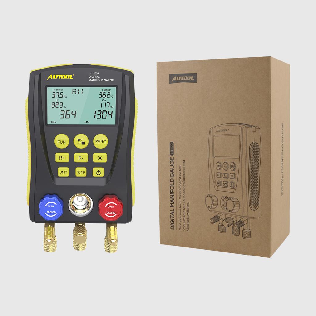 Холодильный коллектор, цифровой, HVAC, холодный, средний, вакуумный, температура, давление, автомобильный тестер кондиционирования воздуха, AUTOOL LM120