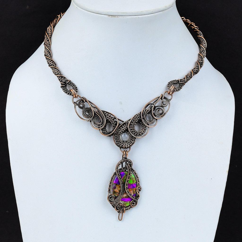 Ожерелье Fiesta Kingman с бирюзой, ожерелье из медной проволоки, обернутое драгоценными камнями, мультимедное ожерелье с бирюзой, ювелирные изделия ручной работы с радужным лунным камнем