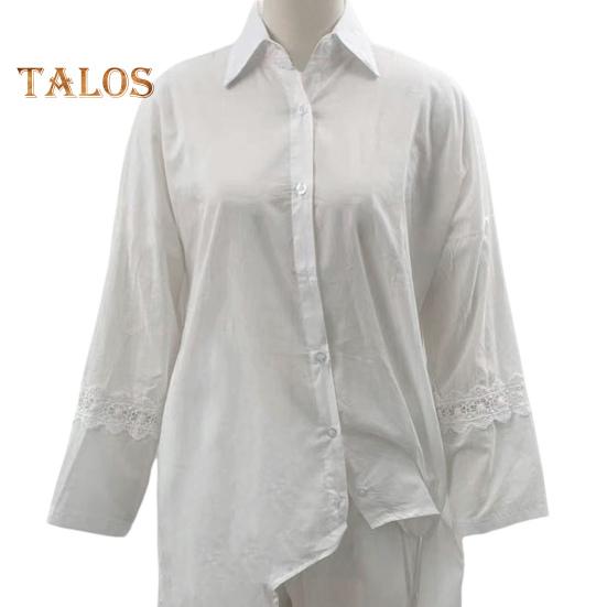 2 Pcs/Set Fall Spring Women Shirt Pants Set Long Sleeves Lapel Lace Cuff Button-down Irregular Hem Blouse Elastic Waist Trousers OL Commuting Sport