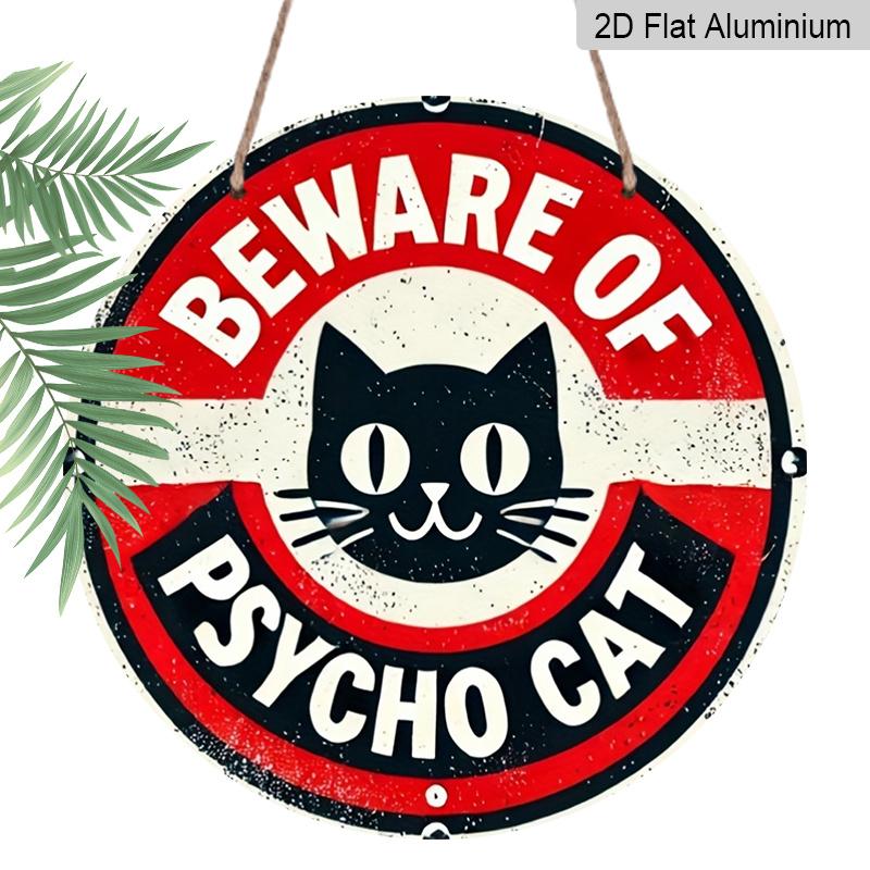 2D Flat 1pc, 8x8 in, Room Decor 1pc Vintage "Beware of Psycho Cat" Metal Sign, Aluminum Round Printed Wall Art, Home & Club Decor, Interior