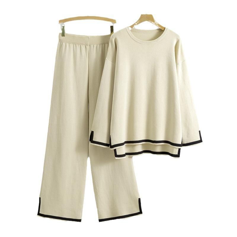 Женский вязаный костюм осень/зима: Комплект из двух предметов: свитер с длинными рукавами и широкие брюки с разрезами