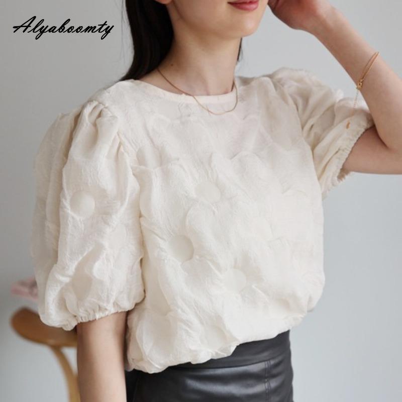 Korean Style Summer Women Stylish Top Brief O Neck Black Beige Brown Streetwear Blouse Puff Sleeve Elegant Feminine Ladies' Shirt