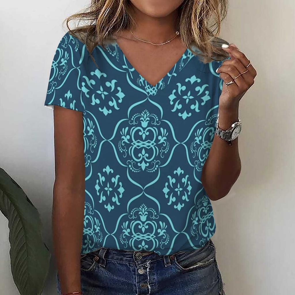 Футболка с 3D-принтом и цветочным принтом в виде тропических листьев, летние женские футболки с V-образным вырезом, топы Y2k, уличная одежда, футболки больших размеров в стиле Харадзюку, женская одежда