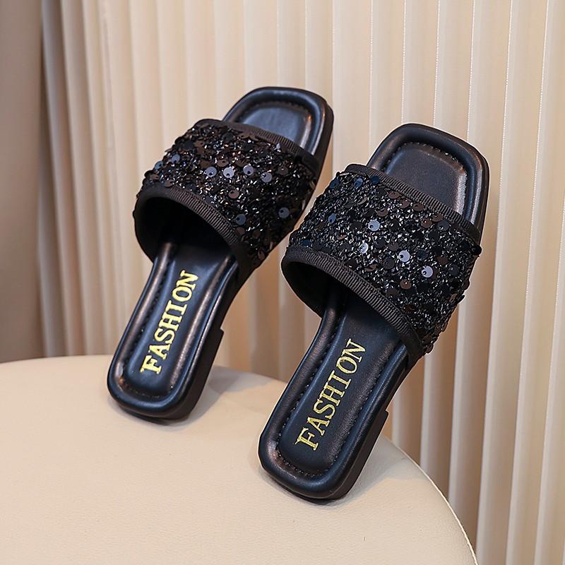 Тапочки с блестками для девочек, модные детские туфли на плоской подошве, тапочки принцессы, мягкая подошва, нескользящая, детская летняя пляжная обувь, размер 26-36