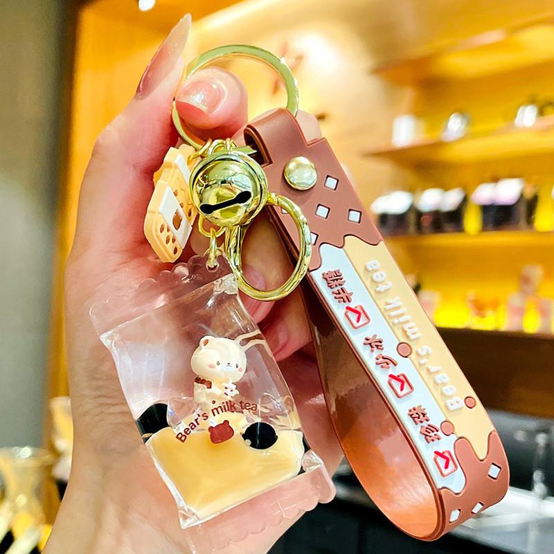 Stylish Acrylic Bear Keychain With Liquid Floating Milk Tea Design For Gifts
