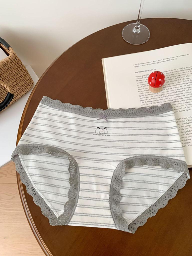 A053 Женские мягкие серые и белые полосатые трусы-треугольники - Гипоаллергенные, облегающие бедра, из чистого хлопка, антибактериальные. Стиль для подростков, Коллекция 2025.