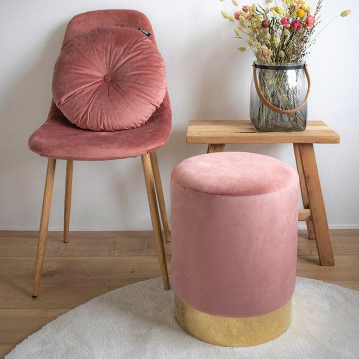 Pouf en velours rose avec base en laiton Ø 34 x 43 cm
