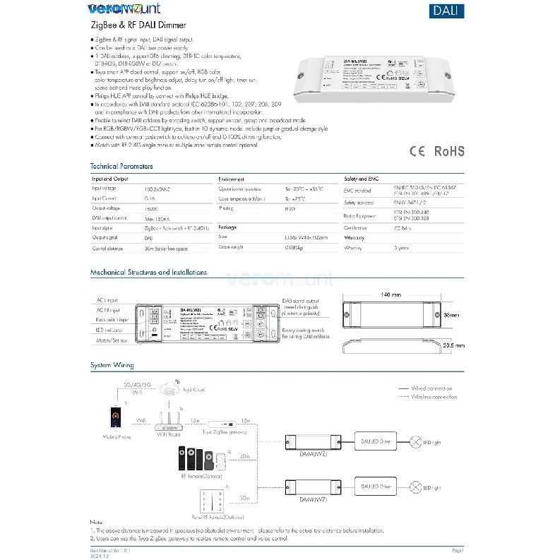 Skydance WiFi ZigBee RF DALI Dimmer Tuya Smart APP Control RGB/RGBW/CCT color LED Strip Light DA-ML/DA-ML(WT)/DA-ML(WZ) RF 2.4G