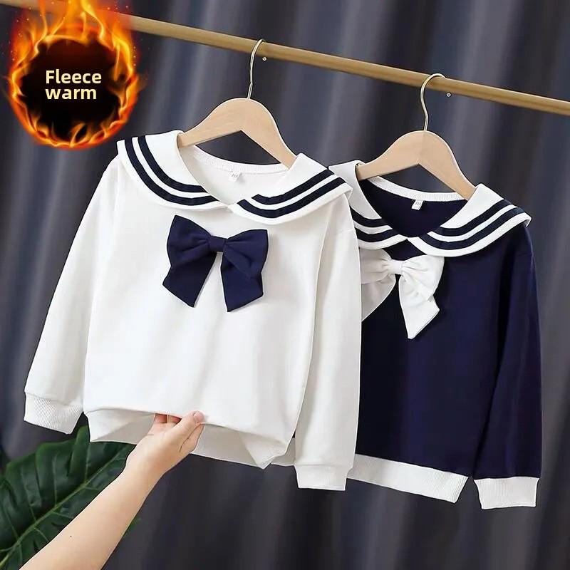 Свитшот для девочек Plus Velvet Navy Collar Sweatshirt - Осень/Зима, Стиль Вестерн, Длинный рукав, Стиль Колледж