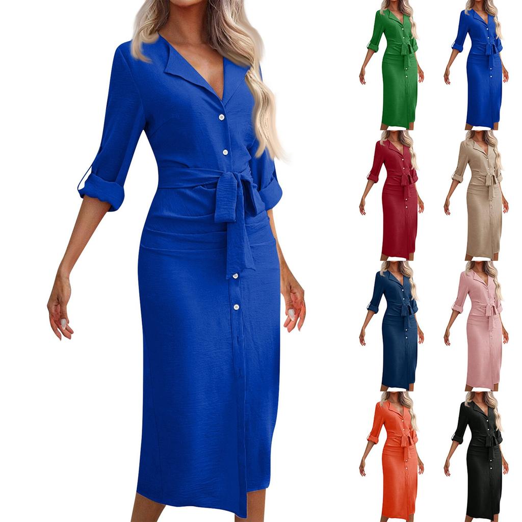 Women's Fashionable Solid Color Long Sleeved Waist Cinched Button Up Shirt Dress