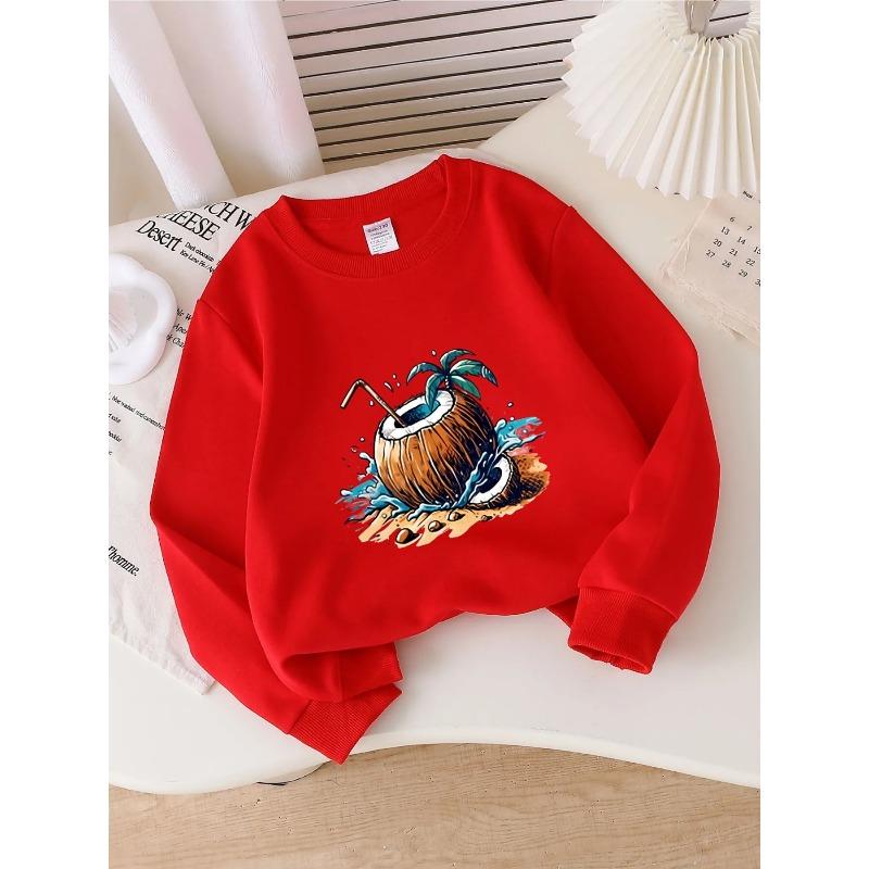 Crewneck Sweatshirt for Girls Featuring a Coconut Palm Beach Drink Splash Design, Machine Washable