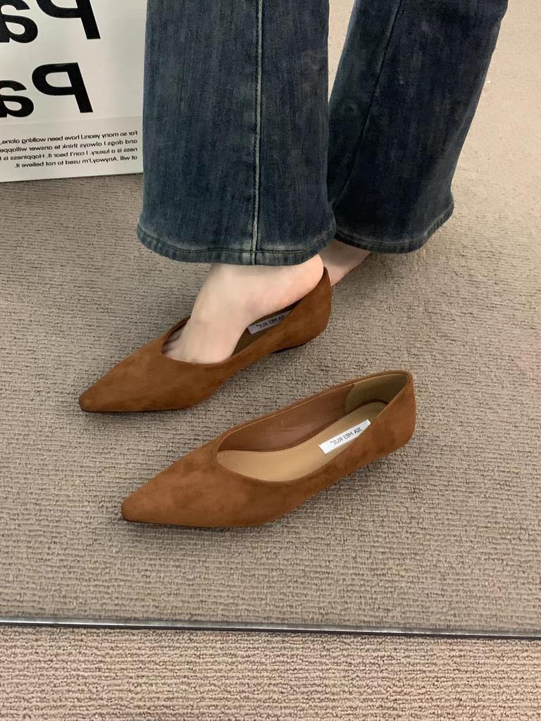 Retro Low-heeled Pointed-toed Shallow-mouth Single Shoes Women's Shoes 2025 New Spring and Autumn Suede Temperament One-pedal Commuter Shoes