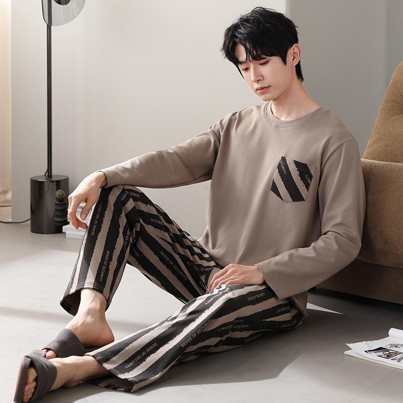 Pajamas Men'S Pure Cotton Long-Sleeved Spring And Autumn Casual Pullover High-End Simple Loungewear Large-Size Set