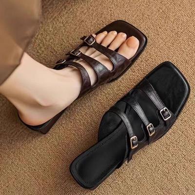 Модные ретро сандалии и шлепанцы из мягкой кожи на мягкой подошве для женщин на лето, новые ленивые кожаные шлепанцы с квадратным носком