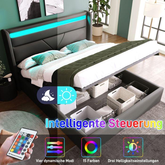 Lit de rangement hydraulique - MUVOE - 140x200cm - Gris - Éclairage LED - Télécommande