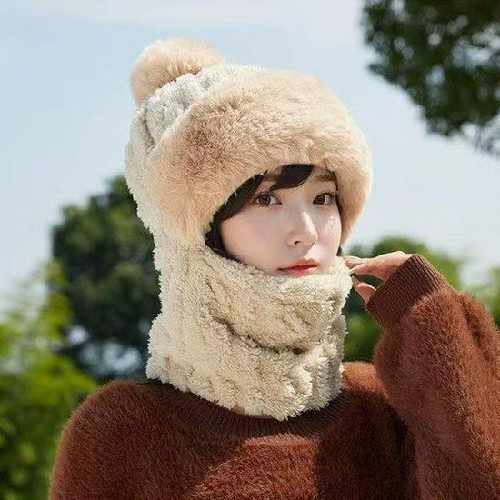 Women's Autumn & Winter Plush Thickened Integrated Hat & Scarf for Cycling - Windproof, Coldproof, Electric Car Pullover Hat.