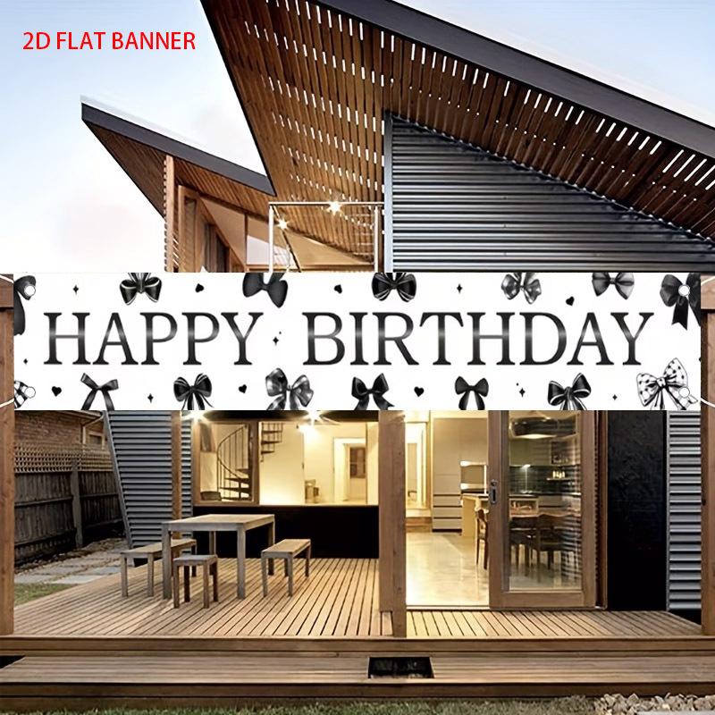 Happy Birthday Party Banner, Black Bow Design, Polyester Outdoor Garden Yard Photography Decoration