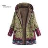 Women Winter Coat Retro Floral Print Hooded Thick Plush Zip-up Heat Retention Long Sleeves Mid Length Pockets Leisure Daily Wear Jacket