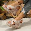 Fashion Vintage Printed Chunky Wedges Sandals Women Peep Toe Cross Band Platform Sandles Woman Plus Size 35-43 High Heel Sandalias Mujer