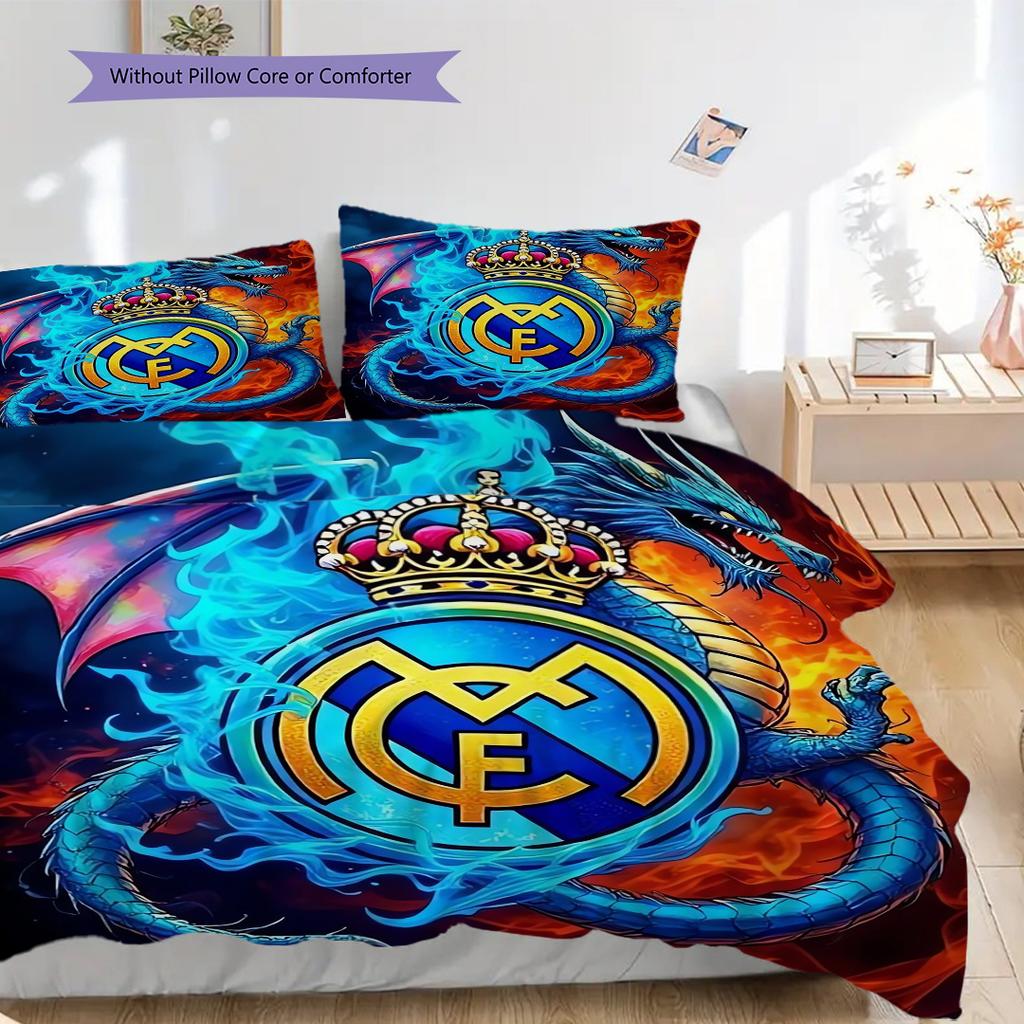 Комплект постельного белья с узором ФК Реал Мадрид Одеяло Покрывало Наволочка Домашний Декор Подарок на День Рождения (1 пододеяльник + 2 наволочки, без наполнителя)