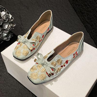 Женские повседневные туфли на плоской подошве, прогулочные лоферы, балетки с квадратным носком, без шнуровки, туфли на плоской подошве с вышивкой и бантом для женщин, удобные нарядные туфли на плоской подошве