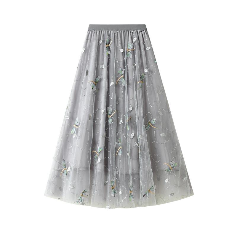 Z 3D Three-dimensional Embroidery Dragonfly Embellished Mesh Skirt Women's Summer 3-color French Romantic Skirt High Waist Long Skirt 1810