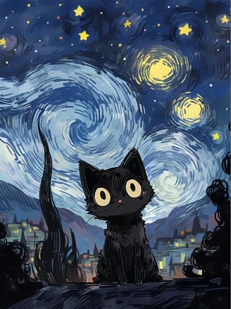 Абстрактное Звездное Небо и Черный Кот Постеры и Принт Холст Живопись Настенное Искусство Картины Для Гостиной Дома Фреска Украшение Подарок