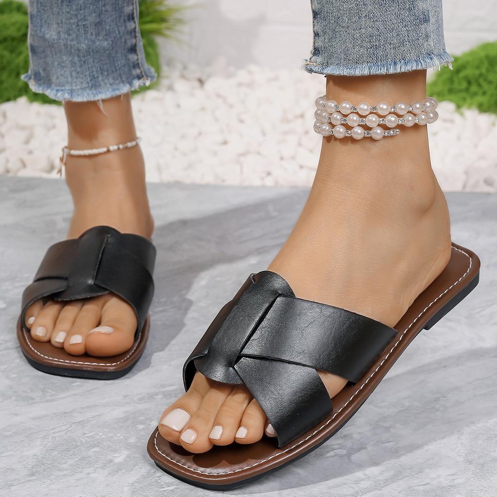 Retro Style Flat-bottomed Open-toed Slippers Women's Large Size with Beach Cool Slippers Slippers