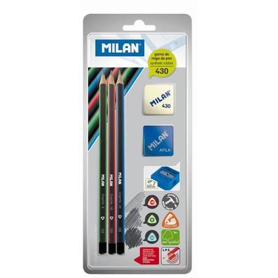 Графитные карандаши - MILAN - HB/B/2B - Точилка Afila - Белый ластик - Набор из 5 штук