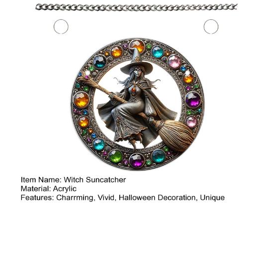 Halloween Witch Flying Broom Suncatcher Faux Crystal Magic Witch Wall Art Decor Acrylic Stained Glass Window Hanging Sun Catcher for Home Decor