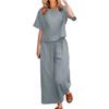 2 Pcs/Set Women Top Pants Set Round Neck Solid Color Short Sleeves T-shirt Adjustable Waist Wide Leg Trousers Casual T-shirt Trousers Set