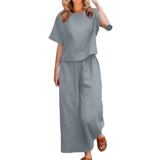 2 Pcs/Set Women Top Pants Set Round Neck Solid Color Short Sleeves T-shirt Adjustable Waist Wide Leg Trousers Casual T-shirt Trousers Set