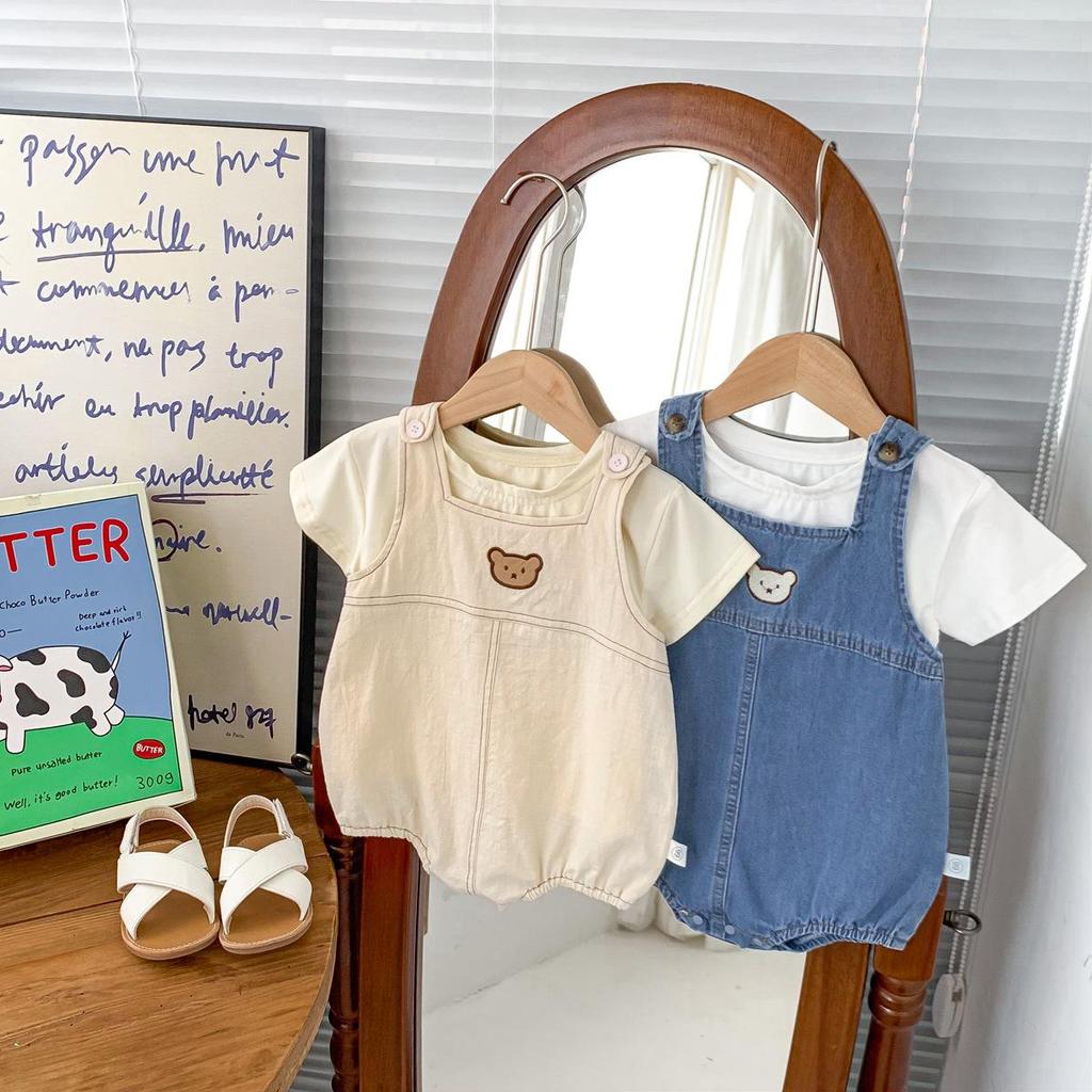 Unisex Baby Bear Denim Romper - Summer Snap Crotch Crawling Suit