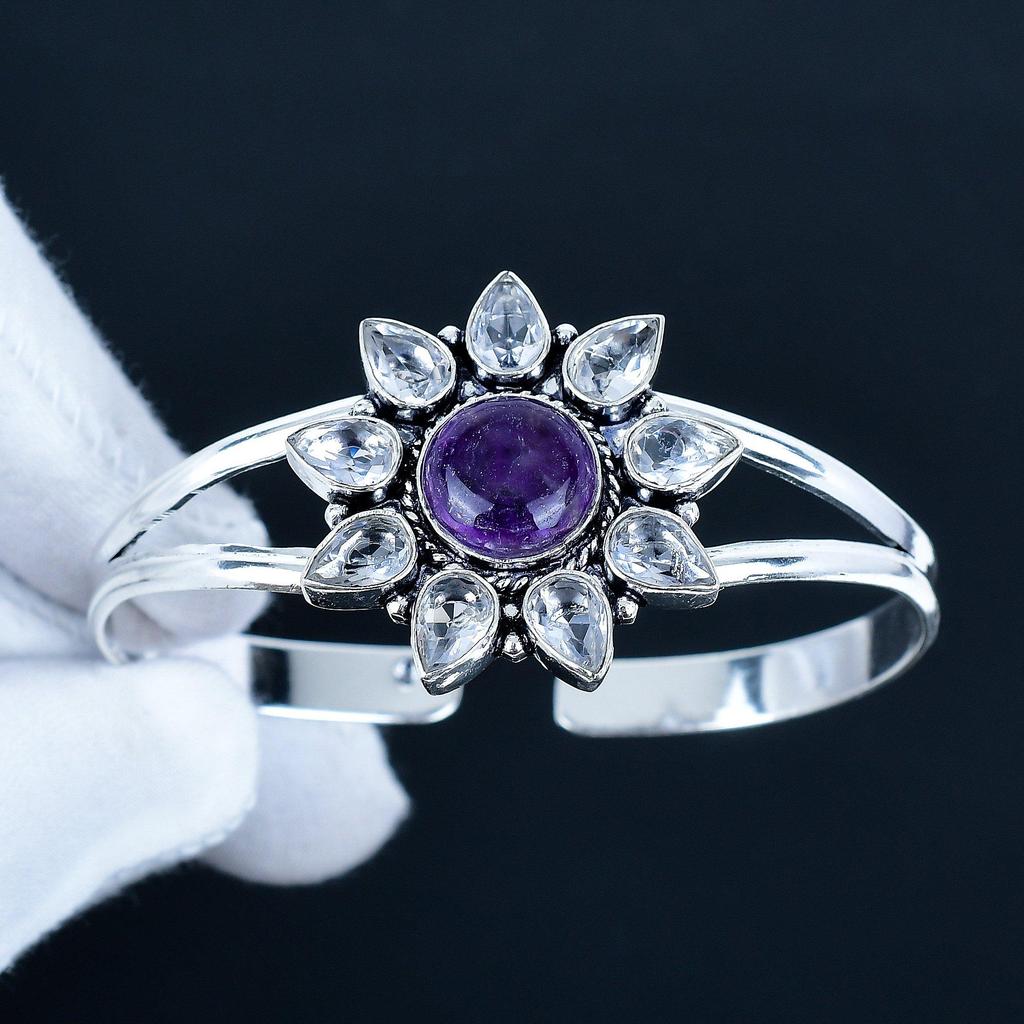 Натуральный Аметист Драгоценный Камень Ручной Работы Манжета Браслет 925 Стерлинговое Серебро Манжета Браслет, Белый Топаз Форма Цветка Браслет Для Жены, Унисекс Браслет