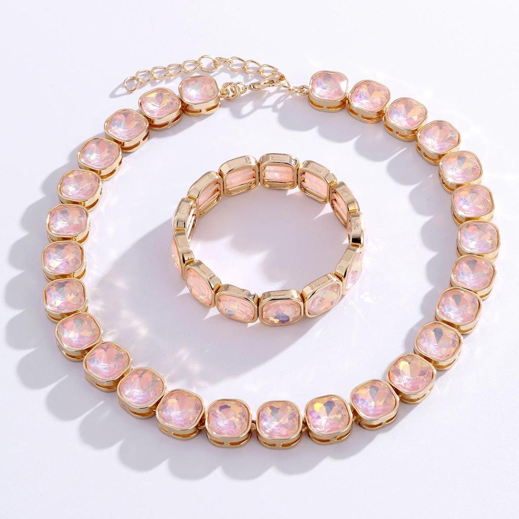 Elegant Zirconia Necklace & Bracelet Set: Fashionable, Versatile, Light Luxury with Square Glass Zirconia